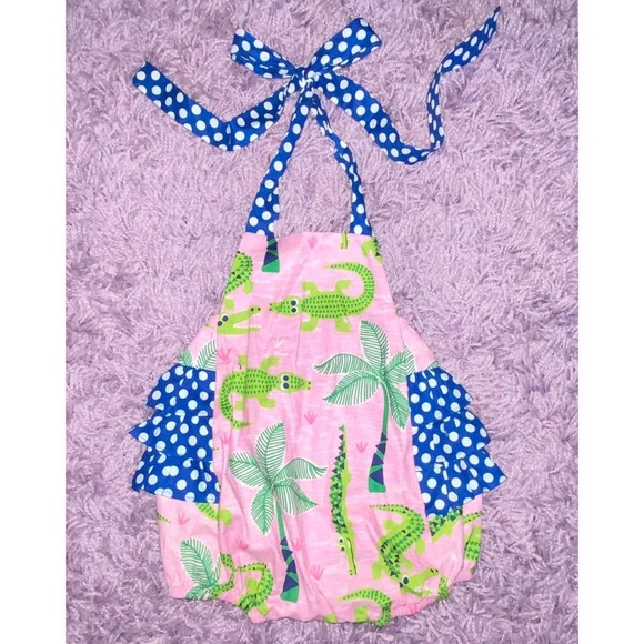 6/9 Ricrac & Ruffles Baby Girls Boutique Pink Green Alligator Bubble Romper - Picture 8 of 8